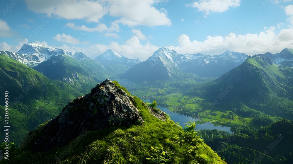 Fototapeta premium Majestic Mountain Landscape with Lush Greenery and Blue Sky