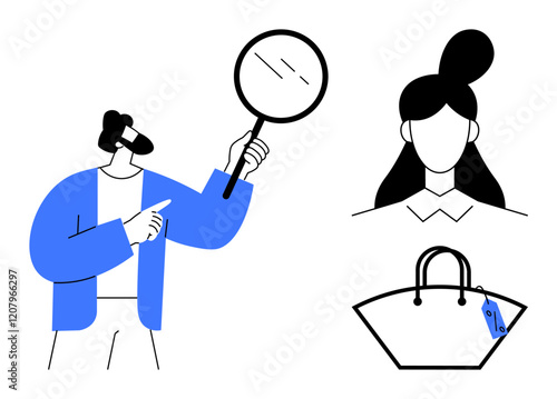 Man holds magnifying glass pointing at womans profile and a handbag with a price tag. Ideal for concepts of inspection, evaluation, assessment, identity verification, e-commerce, security, data