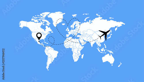 Dotted Direction Paths And Map Pointers Over World Map., Airplanes World Map, Vector illustration 