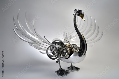 Mechanical silver swan sculpture with detailed engravings and elegant design photo