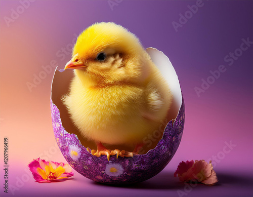 Wallpaper Mural vibrant yellow chick hatching from a decorated easter egg on a soft gradient pink to purple background playful with warm tones Torontodigital.ca