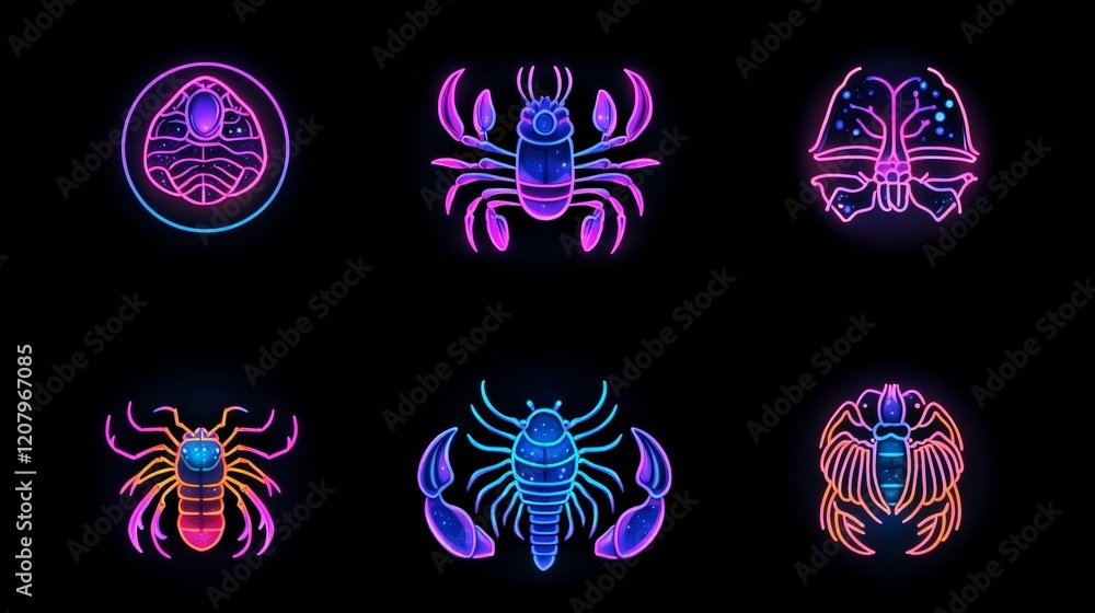 Neon Glow Crustacean and Arachnid Icons Set Neon Glow Crustacean and Arachnid Icons Set