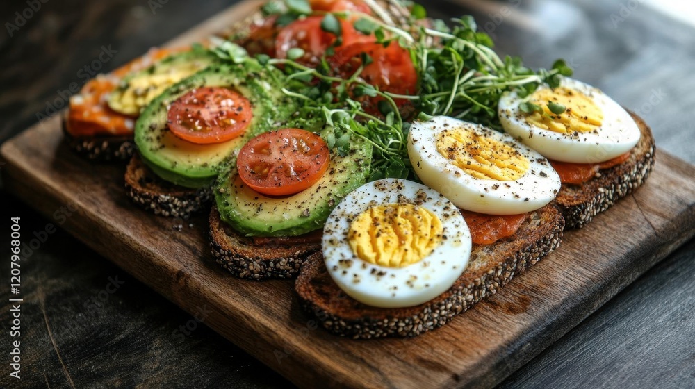rustic wooden board with artisanal openfaced sandwiches fresh microgreens sliced avocado and softboiled eggs arranged with natural lighting rustic wooden board with artisanal openfaced sandwiches fresh microgreens sliced avocado and softboiled eggs arranged with natural lighting