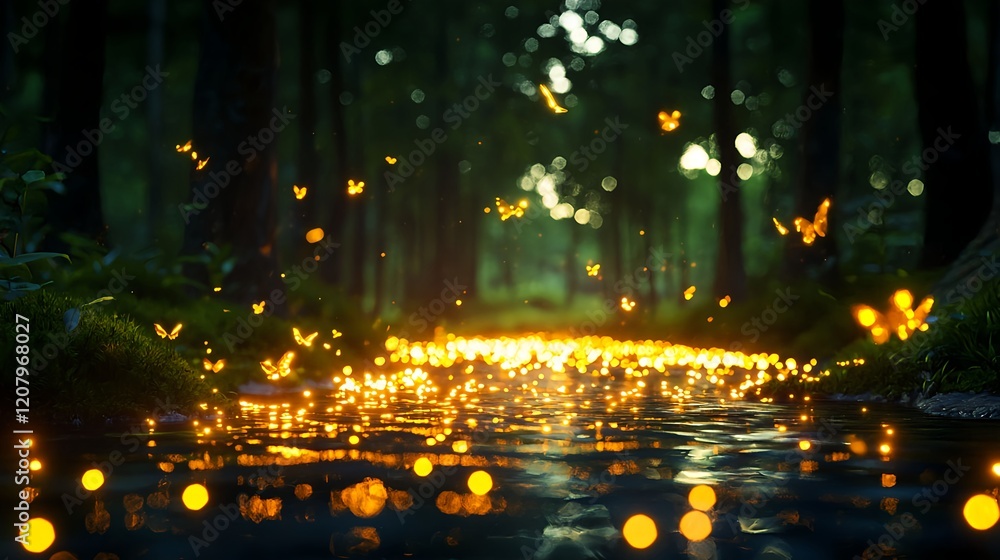 Naklejka premium Enchanting Forest with Fireflies and Shimmering Water Reflections