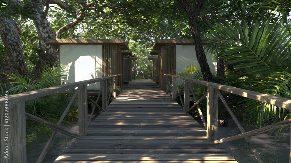 Serene Tropical Getaway: Wooden Walkway to Private Cabanas Serene Tropical Getaway: Wooden Walkway to Private Cabanas