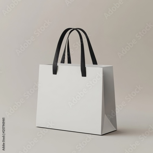 White paper shopping bag with black handles on neutral background.