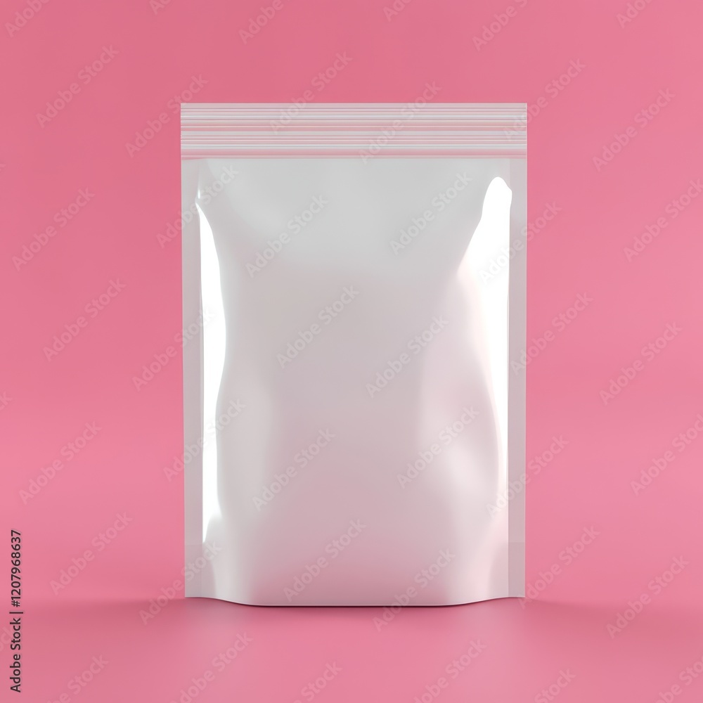 Blank white stand-up pouch on pink background. (2) Blank white stand-up pouch on pink background. (2)