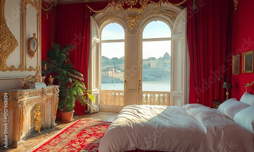 Luxurious bedroom with red decor and a scenic view of water and architecture.