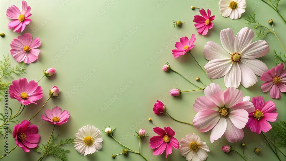 A pastel green background adorned with delicate pink and white cosmos flowers, creating a charming floral arrangement. A pastel green background adorned with delicate pink and white cosmos flowers, creating a charming floral arrangement.