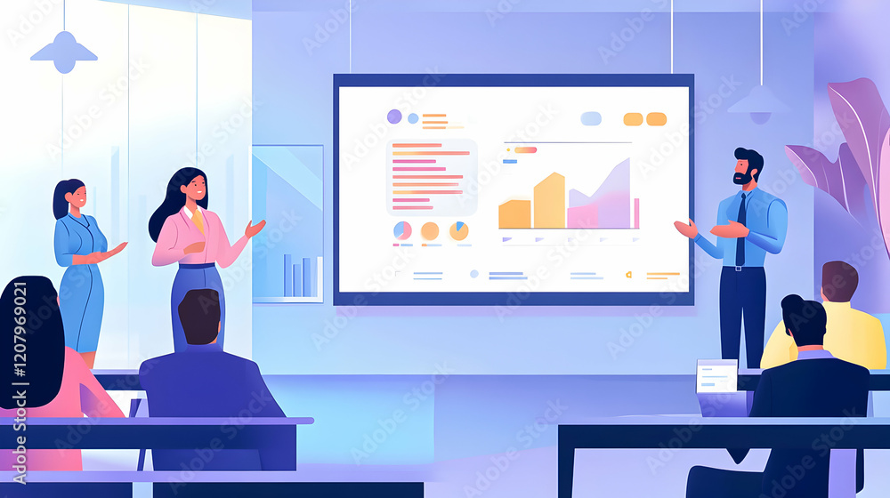 Obraz premium Business team presenting data analysis during a strategy meeting in a modern office setting