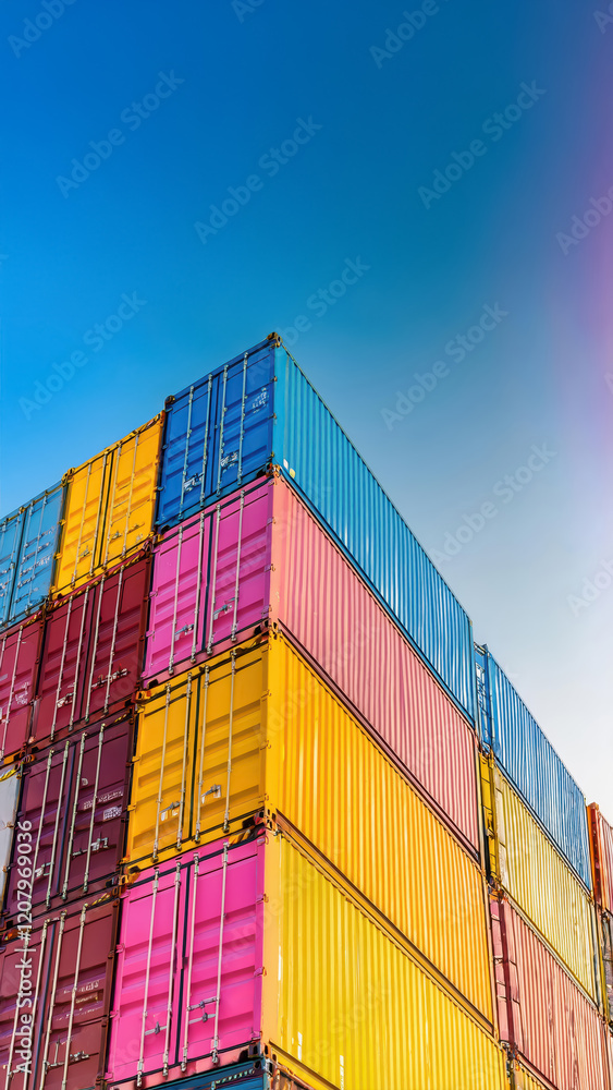 Fototapeta premium Colorful stacked shipping containers urban port photography clear sky aerial view industrial concept