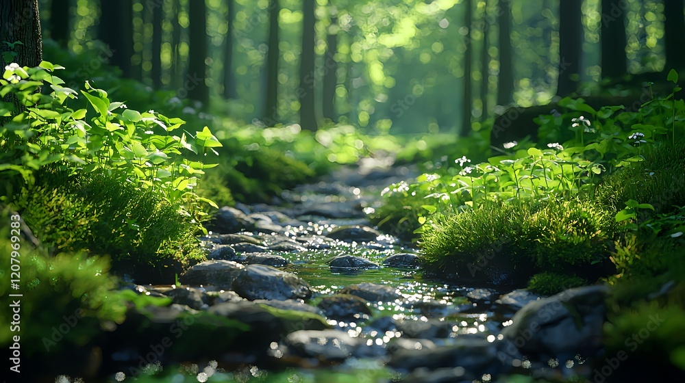 Obraz premium Tranquil Forest Stream Flowing Through Lush Green Wilderness