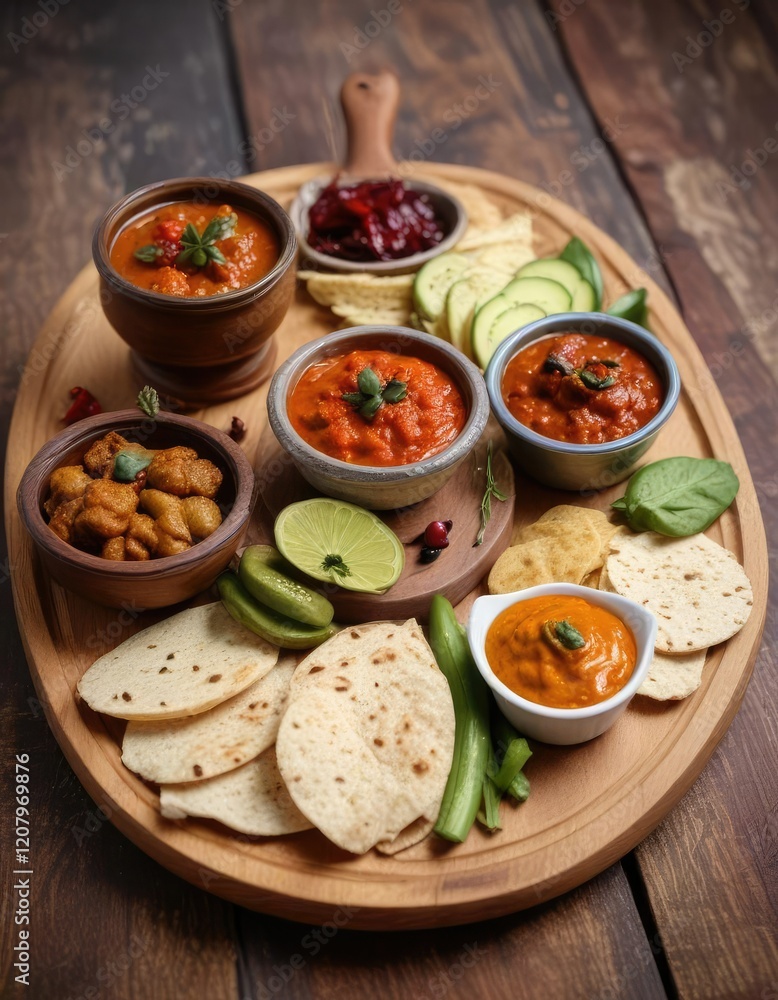 Bhajyanche katlet with a side of spicy chutney and pickles on a simple wooden platter , Indian flatbread, nutrition, toppings Bhajyanche katlet with a side of spicy chutney and pickles on a simple wooden platter , Indian flatbread, nutrition, toppings