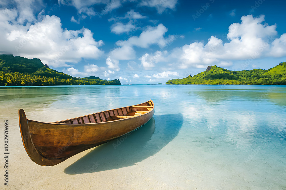 Fototapeta premium Serene tropical lagoon with a wooden canoe on calm waters under a bright blue sky