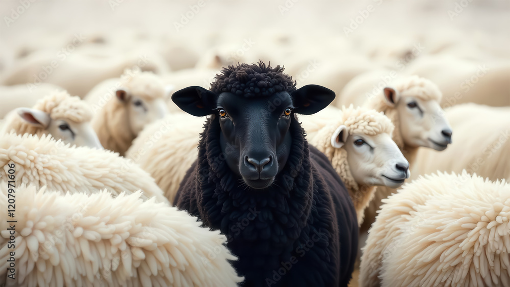 Black sheep surrounded by white flock in pastoral setting animal photography rural landscape close-up view Black sheep surrounded by white flock in pastoral setting animal photography rural landscape close-up view