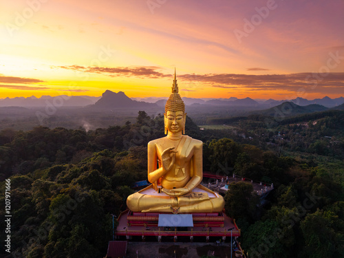 Photography Sunset panorama Buddhism monument Gold Big Buddha in Thailand