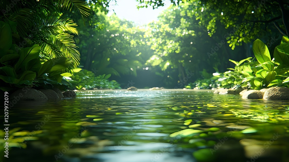 Fototapeta premium Tranquil Scenic View of Lush Jungle River Reflecting Sunlight