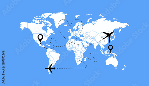 Dotted Direction Paths And Map Pointers Over World Map., Airplanes World Map, Vector illustration 