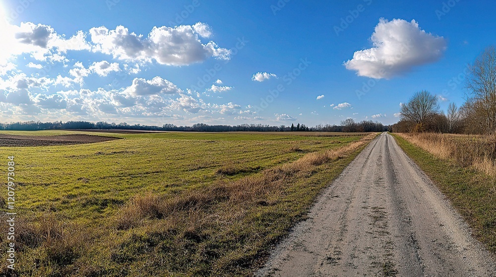 Naklejka premium Scenic Asphalt Road Through Countryside Under Sunny Spring Sky