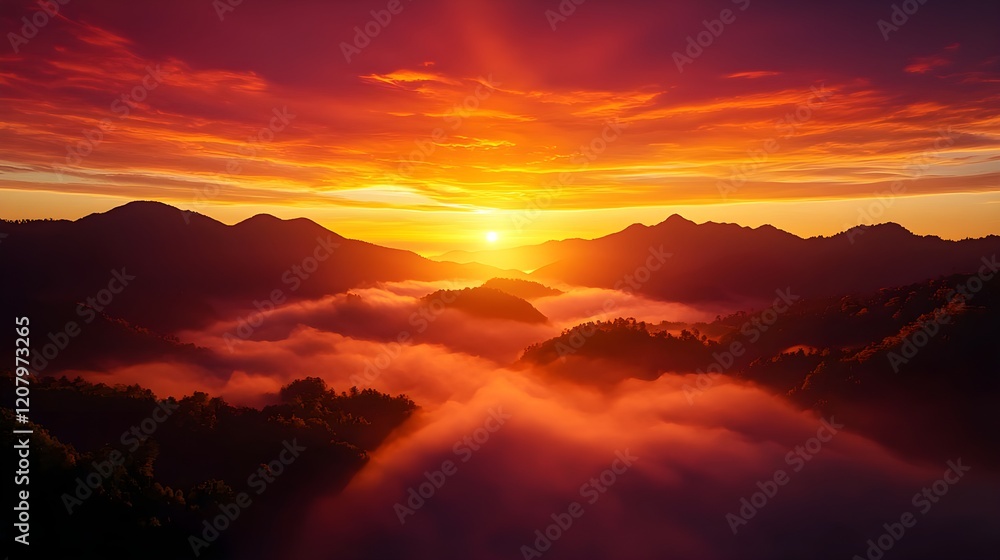 Obraz premium Breathtaking Sunset Over Majestic Mountain Range With Soft Fog