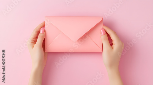 love letter envelope with paper craft hearts - flat lay on pink valentines with copy space