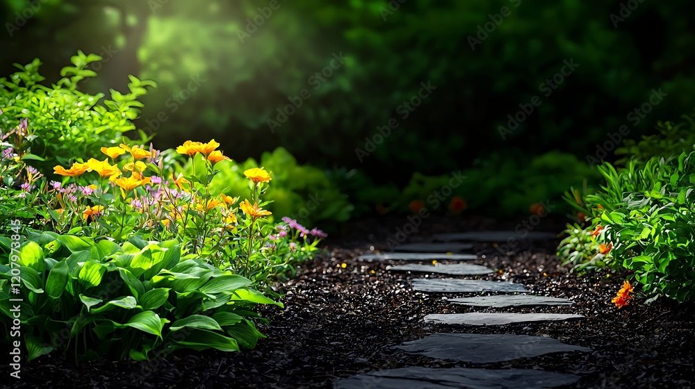 Fototapeta premium Serene Garden Pathway Surrounded by Colorful Blossoms and Lush Foliage