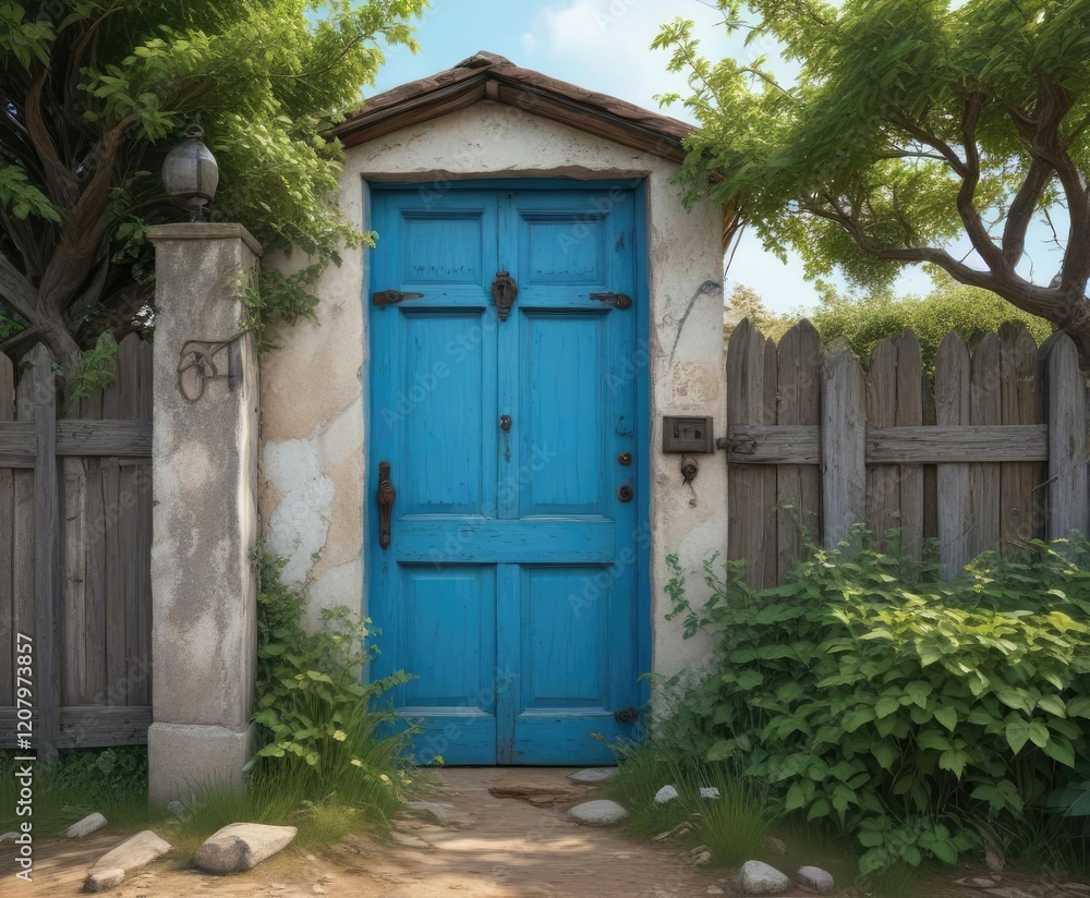 An old blue door of a house on a hill with a worn wooden gate and overgrown vines , blue, decay, vines An old blue door of a house on a hill with a worn wooden gate and overgrown vines , blue, decay, vines