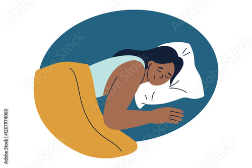 Vector illustration of person sleeping in bed, cozy atmosphere, peaceful rest, and relaxation. Flat cartoon character, woman with dark skin resting, perfect for wellness, sleep, and health designs