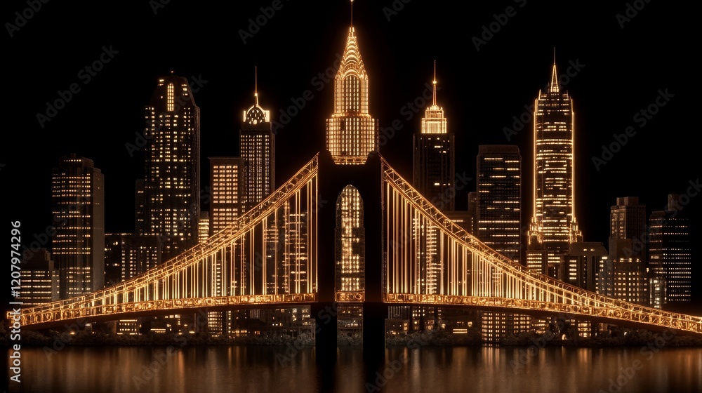 Fototapeta premium Night Cityscape Illuminated Bridge Golden Lights Skyline
