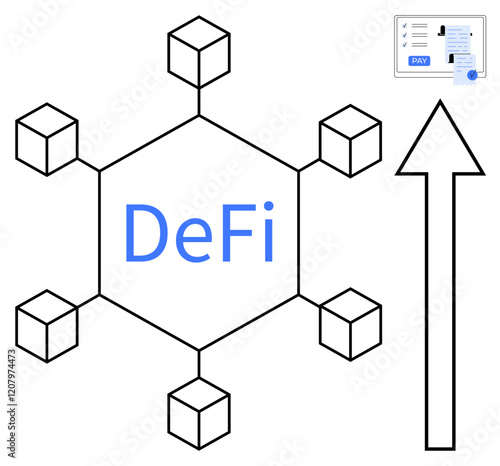 Hexagonal structure representing DeFi with blockchain nodes, upward arrow symbolizing growth and development, digital transaction receipt. Ideal for blockchain, cryptocurrencies, financial