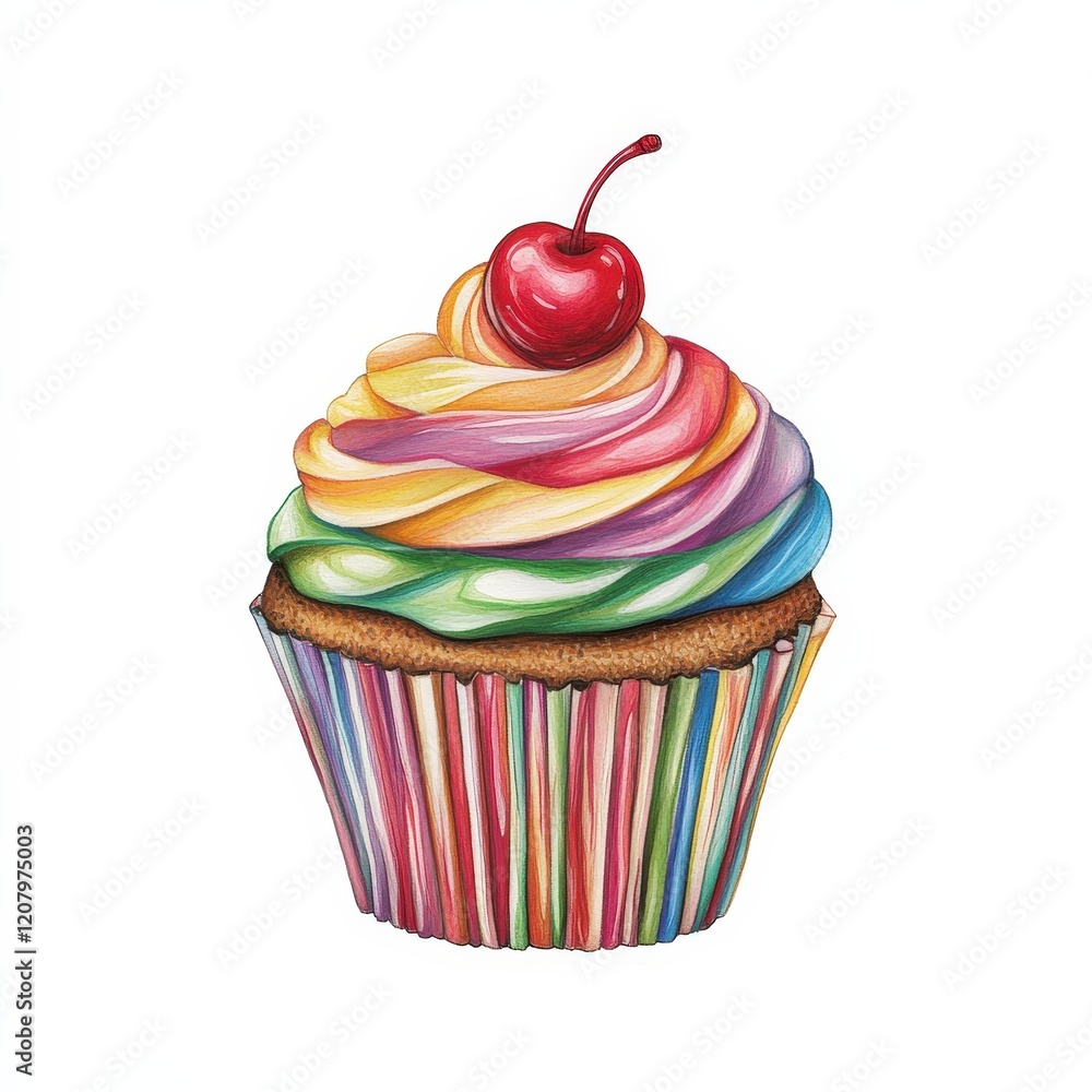 Colorful Cupcake with Swirled Frosting and Cherry on Top Colorful Cupcake with Swirled Frosting and Cherry on Top