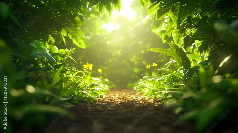 Fototapeta premium Lush Green Pathway Through Dense Jungle with Sunlight Filtering In