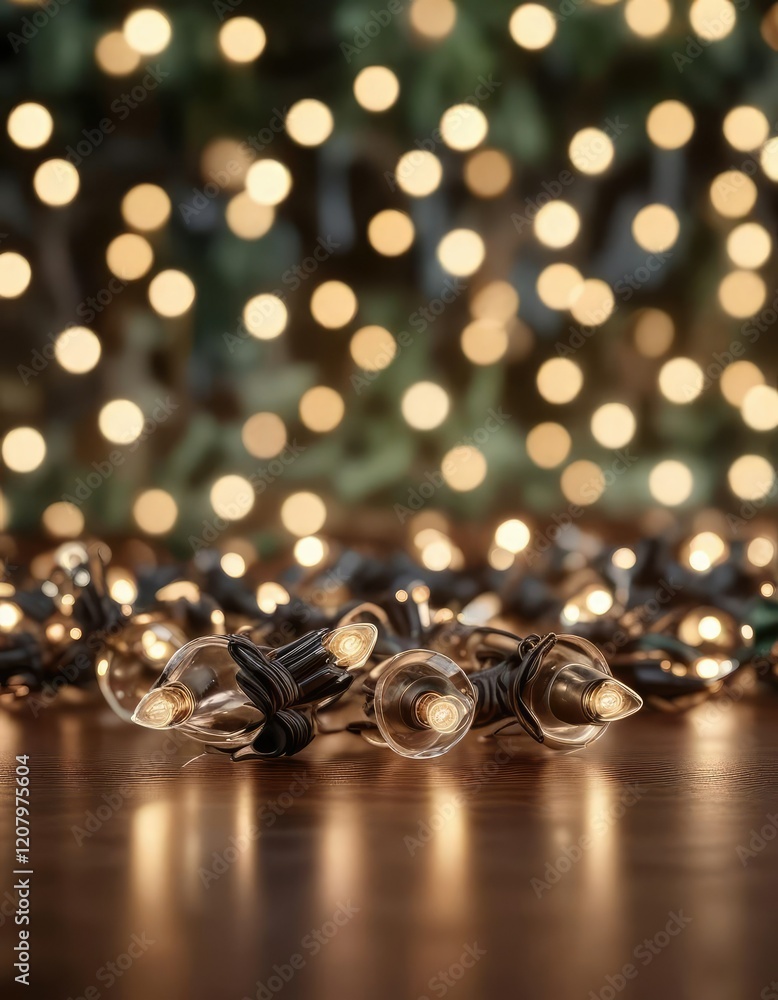 Close-up of twinkling Christmas lights in a blurred background, happy, colorful light bulbs, decorative