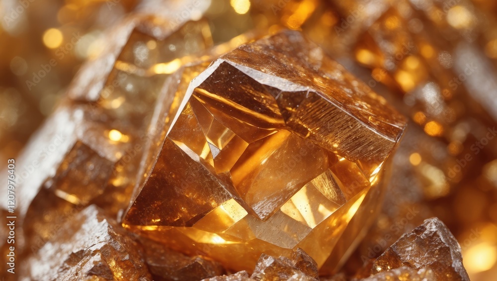 A close-up of a sparkling golden crystal, showcasing its intricate facets and warm hues, surrounded by shimmering mineral formations. A close-up of a sparkling golden crystal, showcasing its intricate facets and warm hues, surrounded by shimmering mineral formations.