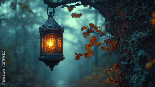 Vintage lantern hanging on a tree branch with glowing light photo