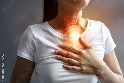 Close-up of a woman with their hand over their chest in pain from heartburn. Gastroesophageal Reflux Disease.