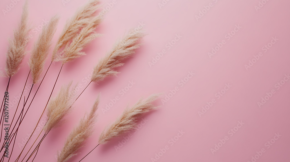 Delicate beige pampas grass on pink background