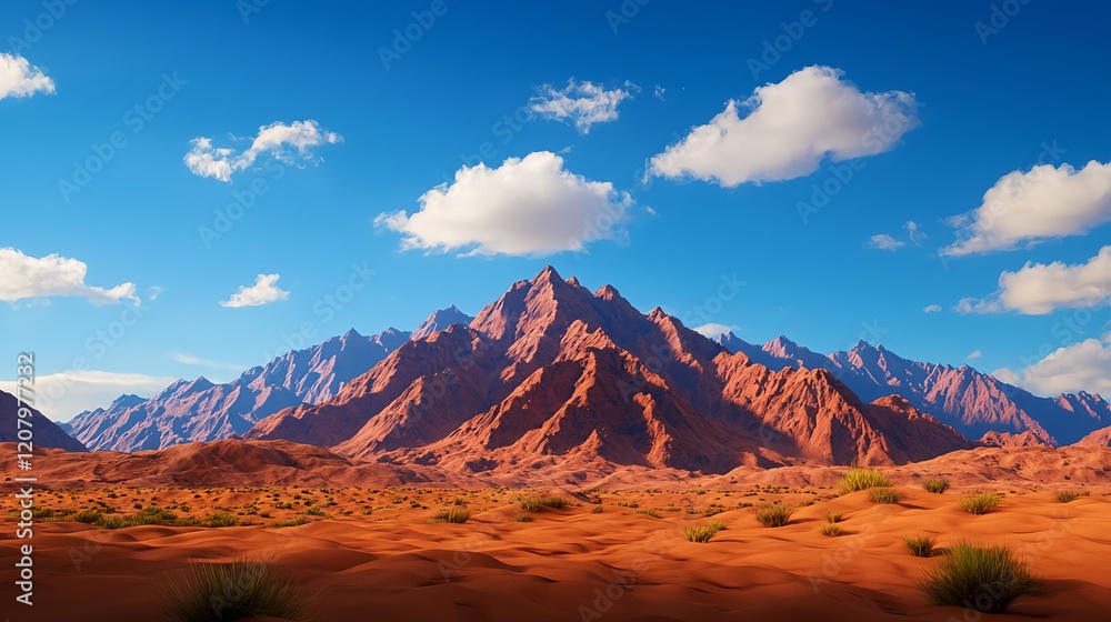 Naklejka premium Majestic Rocky Mountains Under Bright Blue Sky and Fluffy Clouds