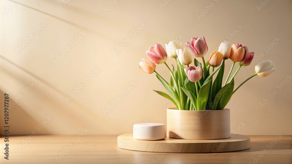 Fototapeta premium Pastel Tulips in Wooden Vase on Display Platform