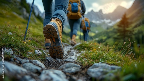 Hikers walking along a rocky trail in a lush valley photo