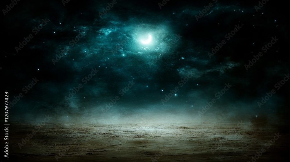 Fototapeta premium Night Desert Landscape Under Crescent Moon and Stars