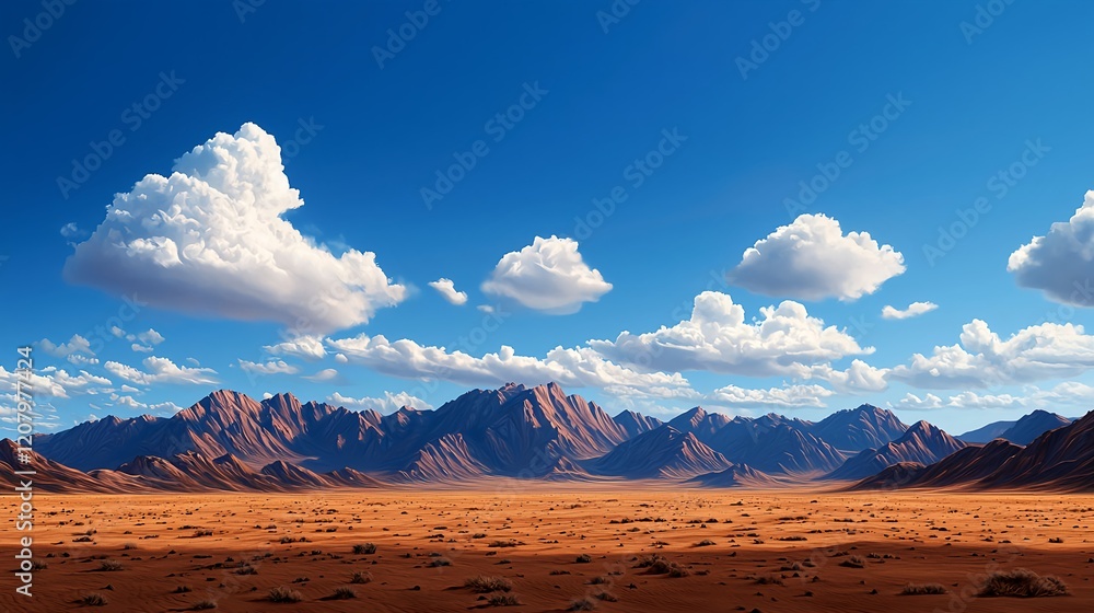 Naklejka premium Vast Desert Landscape with Majestic Mountains and Blue Sky