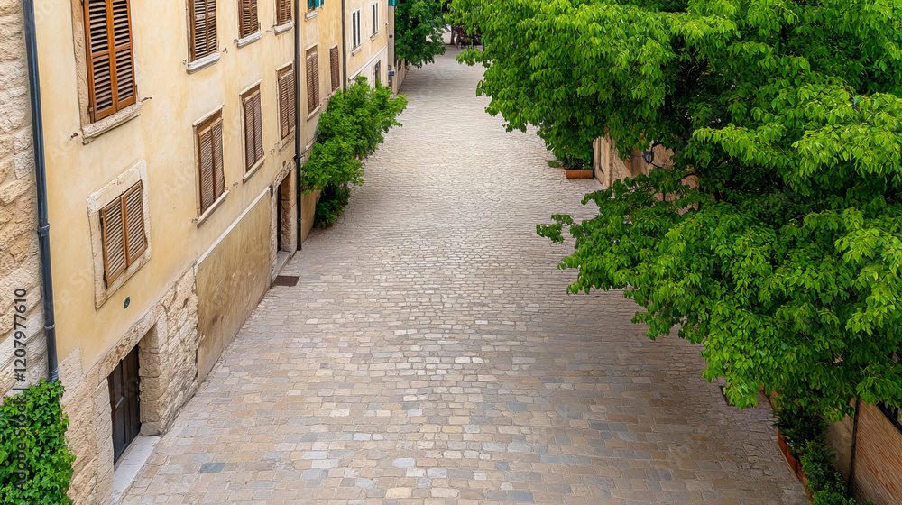 top down view of cobblestone road lined with lush green trees, creating serene and inviting atmosphere. charming architecture adds to picturesque scene top down view of cobblestone road lined with lush green trees, creating serene and inviting atmosphere. charming architecture adds to picturesque scene
