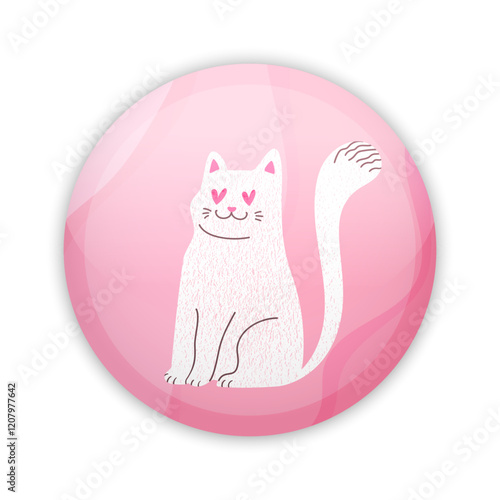Glossy badge button with cute white cat in love. Round plastic pin. Vector illustration