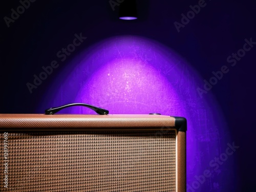 Close-up of a worn amp cabinet against a dark purple grungy background with spotlight, spotlight lighting, musical instruments, rock band gear photo