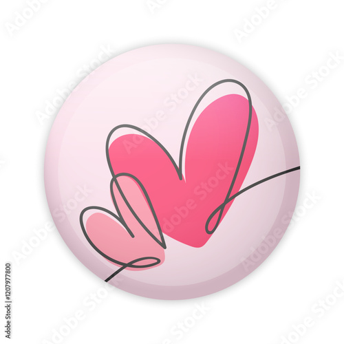 Glossy badge button with two hearts drawn with continuous line. Round plastic pin. Vector illustration