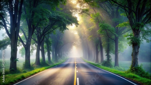 Mystical Morning Sunbeams Illuminate a Foggy Road Through a Lush Green Canopy of Trees