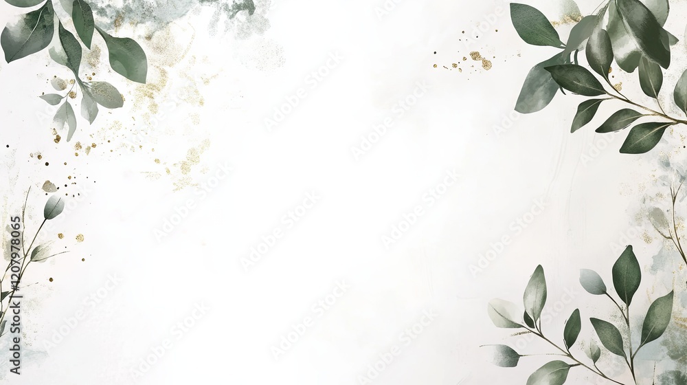 A blank white invitation card styled with soft greenery and gold accents A blank white invitation card styled with soft greenery and gold accents