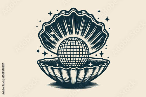 Open seashell with disco ball, vintage engraving-style vector icon, black