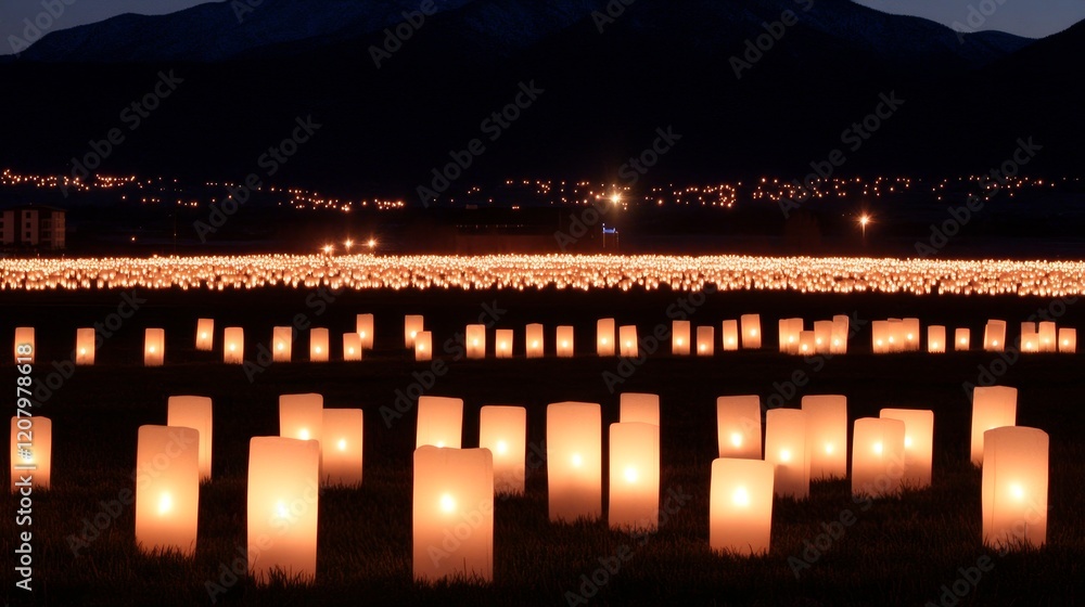 Fototapeta premium Night Field of Illuminated Candles, Mountain Background